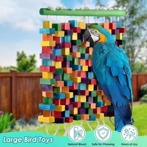 Vista 5 de DBNESS Juguete grande para pájaros, juguetes de loro de 20 pulgadas para jaula, bloques de madera naturales multicolor para masticar guacamayos