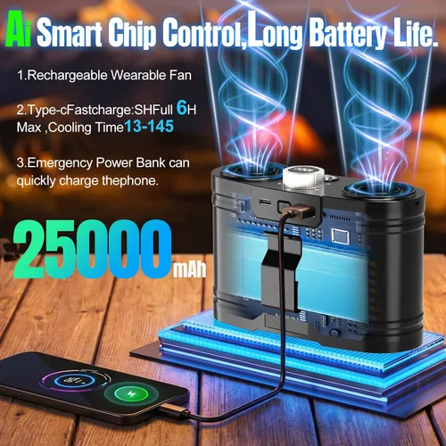 Vista 3 de Ventilador de cintura portátil AI 2026 de 25000 mAh, 100 velocidades 34000 RPM, ventilador de refrigeración corporal personal con linterna de 145