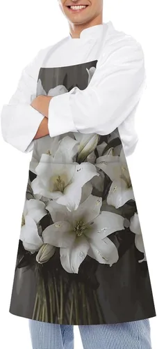 Vista 4 de Personalized White Lily Bouquet Adult Apron, Kitchen Cooking Aprons for Woman Man, Adjustable Bib Apron with Pocket for Baking, BBQ Crafting