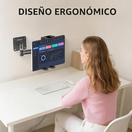 Vista 6 de Urmust Soporte de pared para tableta para iPad, rotación de 360°, soporte ajustable para tablet con brazo extensible de aluminio, para iPad