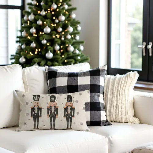 Vista 2 de PANDICORN - Funda de almohada decorativa de Cascanueces de Navidad 12x20 pulgadas, decoración de Navidad en negro con Cascanueces, cojín decorativo