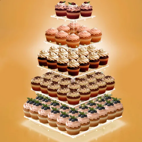 Vista 9 de Soporte para Cupcakes, Soporte para Cupcakes de 4 Niveles, Soporte Iluminado para Cupcakes para 50 Cupcakes, Torre Cuadrada para Cupcakes, Juego