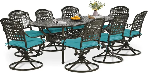 Vista 29 de Juego de comedor de patio de 9 piezas, mesa y sillas de patio al aire libre, mesa de comedor ovalada de aluminio fundido de 84 pulgadas con agujero