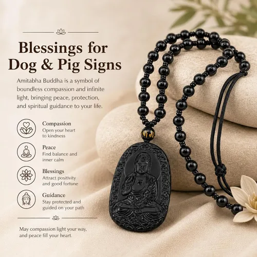Vista 6 de Obsidian Guardian Buddha Amulet - Zodiac Feng Shui Necklace, symbolizing wisdom and wealth Perro negro y cerdo