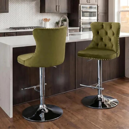 Vista 151 de SoarFlash Juego de 2 taburetes de bar tapizados de terciopelo moderno con patas de madera, botones acolchados, cabeza de clavo cromada, asiento