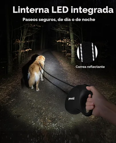 Vista 2 de Pecute Correa retráctil para perro con linterna, correa retráctil resistente de 26 pies para mascotas con luz, control de un botón, protección