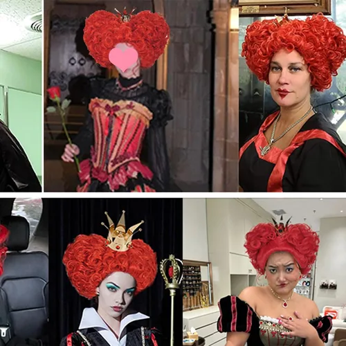 Vista 6 de Aicos Peluca de cosplay de colmena rizada roja con corona para mujer Colmena Corazón Rojo-Adulto