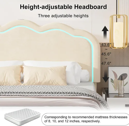 Vista 6 de VECELO Base de cama tapizada tamaño Queen con cabecero ajustable, luces LED, USB-A y tipo C, plataforma de terciopelo sin ruido, base de colchón