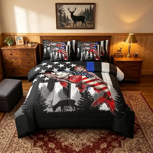 Vista 9 de Feelyou Juego de edredón de ciervo con sábanas – Tamaño Queen 7 piezas Juego de ropa de cama infantil de caza rústica – Cama de ciervo de cabaña