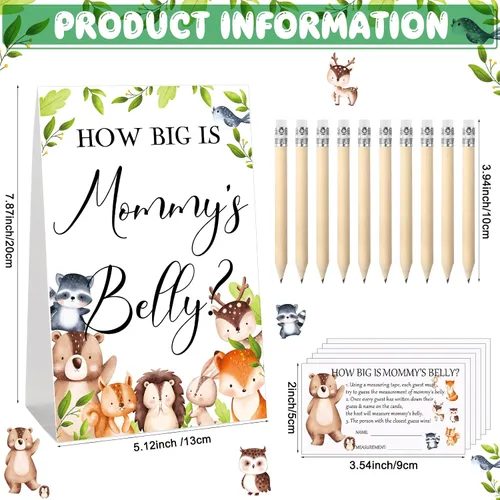 Vista 113 de Sabary 64 Piezas Juegos de Baby Shower Incluyen Letrero How Big is Mommy's Belly Sign Measure Bump Game 50 Tarjetas 10 Lápices 3 Cintas Métricas