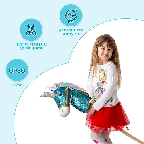 Vista 4 de HollyHOME Caballo de unicornio con lentejuelas, caballo de juguete artesanal con palo y ruedas de madera, sonidos reales de relincho y galope de Azul