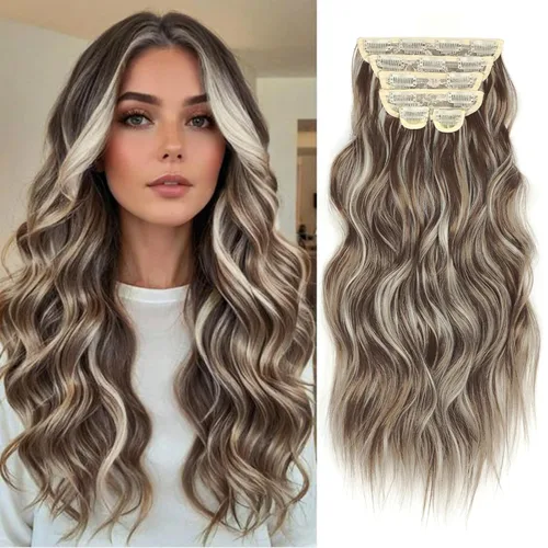 Vista 36 de Extensiones de cabello con clip de Vigorous de 20 pulgadas, con reflejos rubio playa, extensiones de cabello ondulado largo y suave de cabello