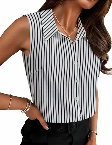Vista 18 de HOTOUCH Blusa sin mangas con botones para mujer, cuello en V, casual, para negocios, informal, con cuello