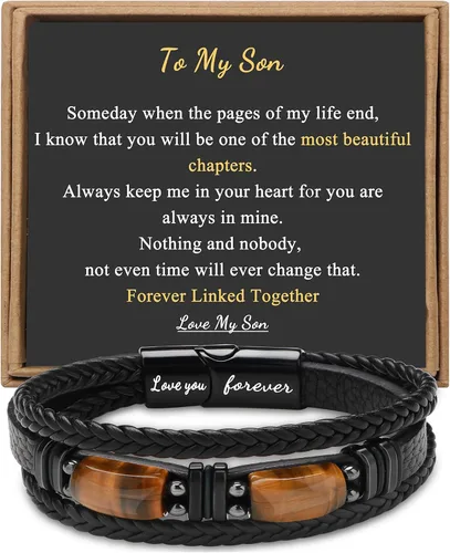 Vista 7 de Regalos únicos para hombres, pulsera de cuero para hombres, papá, novio, hijo, nieto, hermano, te amo para siempre, piedra ojo de tigre, día