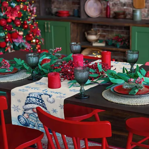 Vista 6 de Camino de mesa de gnomos de Navidad de 36 pulgadas de largo, algodón y lino, bufandas de arpillera, cocina, cena, cafetería, decoración de mesa
