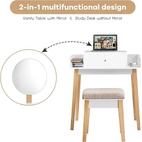 Vista 7 de MAT EXPERT Juego de tocador con espejo de altura ajustable, tocador de madera maciza blanca con taburete acolchado, tocador de maquillaje con cajón