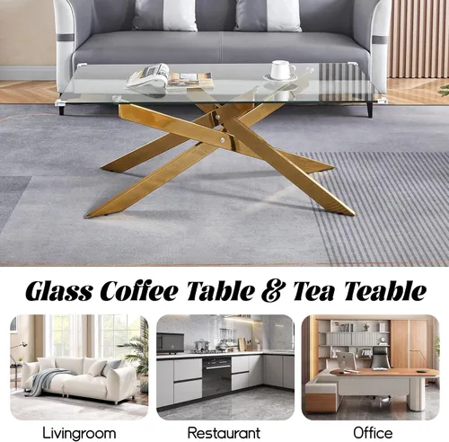 Vista 5 de Mesa de centro de cristal de 47 pulgadas, moderna tapa rectangular de vidrio templado con patas de metal con cruz dorada, mesa central de espacio