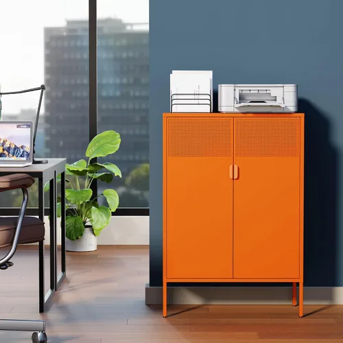 Vista 117 de Gabinete de almacenamiento de metal ancho negro, gabinete de acento de 2 puertas para el hogar y la oficina, gabinete de metal bajo de 2 niveles