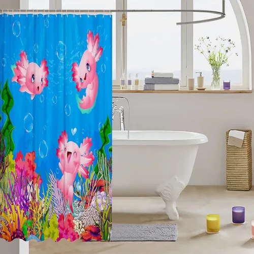 Vista 3 de Cortina de ducha con diseño de ajolote con diseño de dibujos animados, juego de cortina de ducha de baño para niños y adultos, cortina de baño