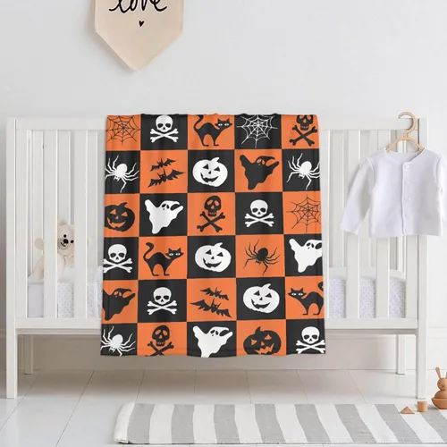 Vista 4 de Manta de Halloween para bebé, diseño de calabaza, fantasma, telaraña, súper suave, manta acogedora para recién nacido, manta de recepción para bebé
