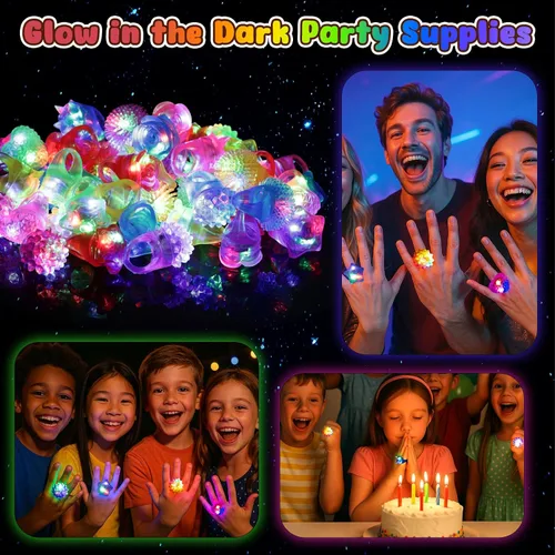 Vista 4 de LovesTown 24 anillos iluminados, recuerdos de fiesta para niños, 6 estilos que brillan en la oscuridad, suministros de fiesta para bolsas