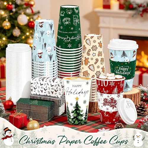 Vista 3 de LANLISA Paquete de 50 tazas de café navideñas de 16 onzas con tapas
