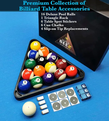 Vista 7 de JAPER BEES Bolas de billar con estante de bolas triangular, tizas de taco, calcomanías de mesa y reemplazos de puntas, accesorios para mesa de billar