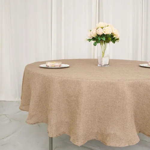 Vista 9 de Efavormart Mantel Redondo de Arpillera Sintética de Yute Natural de 90 Pulgadas - Cubierta de Mesa Rústica Boho Chic Estilo Granja para Navidad