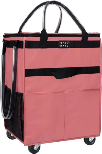 Vista 31 de Bolsa de comestibles reutilizable sobre ruedas, carrito de compras con 8 bolsillos y cubierta con cremallera, bolsa plegable con ruedas, asas