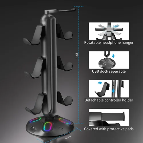Vista 4 de Gaming RGB Headphone Stand, Controller Holder with 9 Light Modes and 2 USB Charging Ports and 3.5mm & Type-C - Controller Stand Hanger Accessories