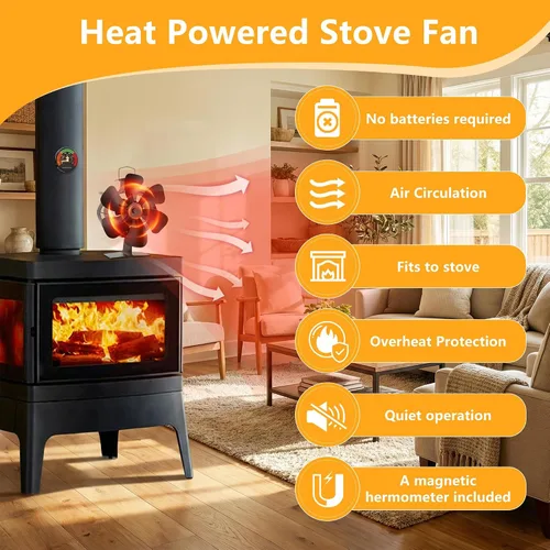 Vista 3 de XTIMES Ventilador de estufa de leña oscilante, ventilador de chimenea con termómetro magnético, ventilador termoeléctrico para estufa