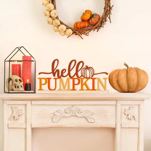 Vista 7 de COCHIE Letrero de Metal Hello Pumpkin, Decoraciones de Otoño Naranjas para Casa, Oficina, Estante, Repisa de Chimenea, Interior, Decoración