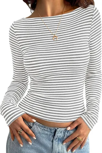 Vista 9 de PRETTYGARDEN Camisas de manga larga a rayas para mujer, tops lindos de Rayas Beige Marrón