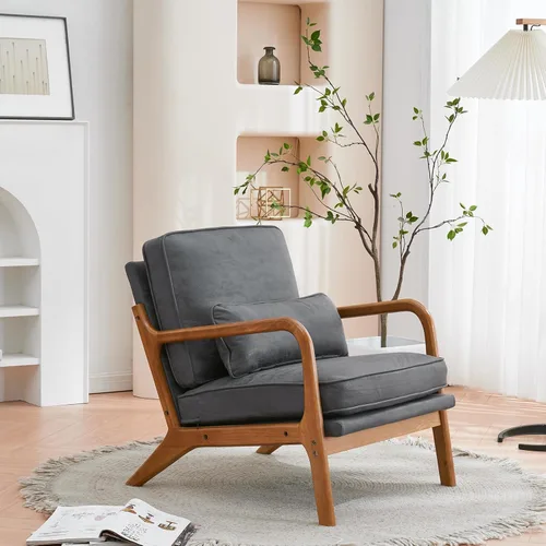 Vista 9 de Accent Chairs for Living Room Armchair with Oak Armrest, Upholstered Single Lounge Chair Comfy Bronzing Cloth Reading Vanity Sofa Chair,Indoor Dark