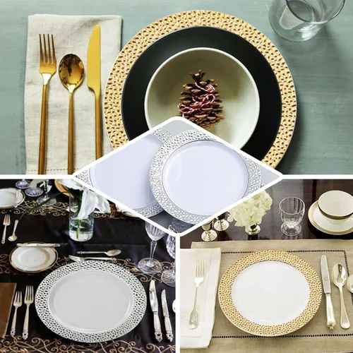 Vista 5 de Efavormart - Paquete de 10 platos de postre de plástico martillado de oro rosa rubor de 7.5 pulgadas con borde dorado, platos redondos desechables