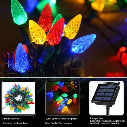 Vista 2 de HUGSVIK - Cadena de luces solares de Navidad de 39 pies, 100 LED, 8 modos, luces C6 de fresa, luces impermeables para exterior, para árbol