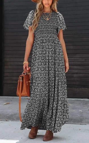 Vista 4 de PRETTYGARDEN - Vestido largo casual de verano para mujer, manga corta acampanada, bohemio, floral, cuello redondo, vestido blusón, escalonado