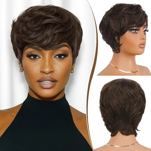 Vista 11 de RUWISS Peluca de cabello humano con corte Pixie, pelucas cortas para mujeres negras con flequillo, peluca natural en capas, sin pegamento, # 1B/30