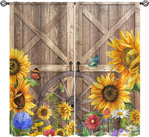 Vista 13 de Sunflower Curtains for Living Room Bedroom, Spring Nature Blue Sky and Butterfly Window Drapes, Rustic Wooden Fence Floral Botanical Decor, 2 Panels