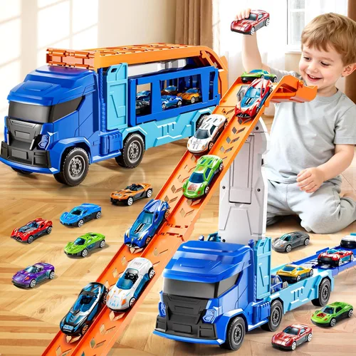 Vista 7 de Juego de pistas de camiones para niños de 3, 4, 5, 6 años, camión de dinosaurio, pista de carreras con 12 juguetes de autos de carreras fundidos a