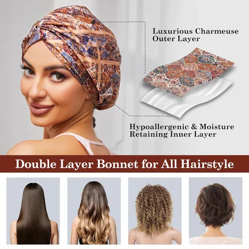Vista 5 de Gorro de satén de seda ajustable para envolver el cabello para dormir, gorro de dormir de doble capa, turbante nocturno para cabello largo y rizado