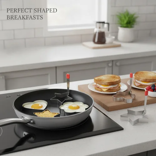 Vista 2 de 5-Piece Stainless Steel Egg Ring Molds Set for Fried Eggs, Pancakes & Breakfast Sandwiches - Heart, Star, Flower, Round & Oval Shapes