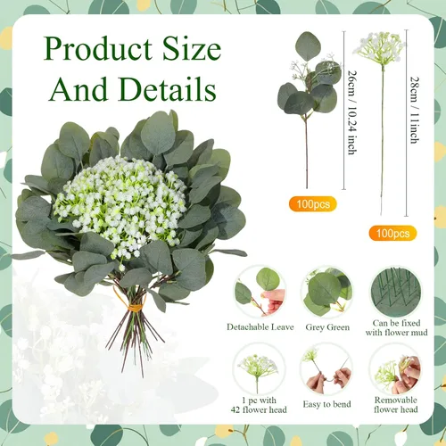 Vista 2 de Hotop 200 piezas de hojas de eucalipto mixtas a granel, vegetación artificial de dólar plateado para ramos, ramas de plantas sintéticas para bodas