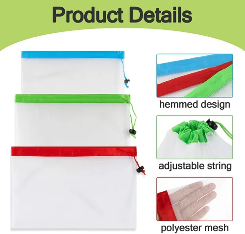 Vista 3 de MAQIHAN 6 bolsas reutilizables para productos – Bolsas de malla para productos con cordón, reutilizables, lavables, bolsas de almacenamiento