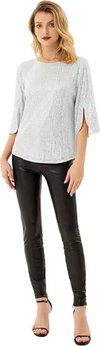 Vista 6 de Blusa de fiesta con lentejuelas brillantes para mujer, con purpurina brillante y manga 34 con abertura