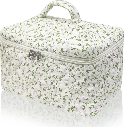 Vista 31 de Gosect Bolsa de maquillaje grande, bonita bolsa de cosméticos para mujeres y niñas, bolsa de aseo estética de coqueta floral, bolsa organizadora