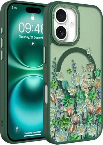 Vista 57 de Magnético para iPhone 13 con protector de pantalla [Compatible con MagSafe] Diseño de patrón floral de flores bonitas, funda delgada a prueba