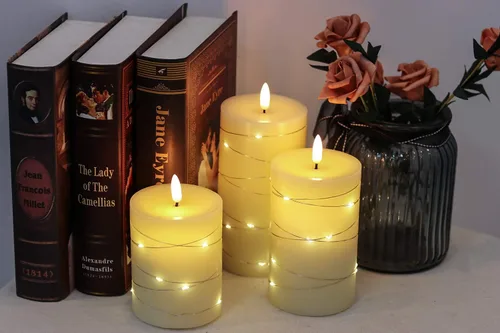 Vista 6 de Eldnacele Velas sin llama que funcionan con pilas con control remoto y temporizador, tira de luces LED de cera real, velas LED de pilar de cera