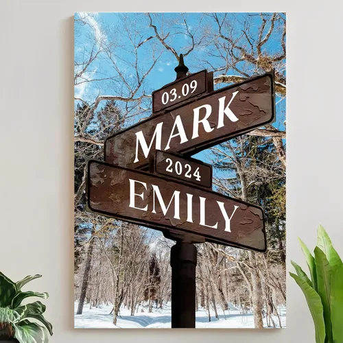 Vista 11 de Mapileng Lienzo personalizado de Crossroads Street Sign para parejas, nombres personalizados y fecha, arte de pared vintage, regalo del día de San