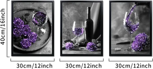 Vista 2 de Visual Art Decor Decoración de pared de cocina de granja, copas de vino, impresiones de pintura de flores de rosa, imágenes modernas de decoración
